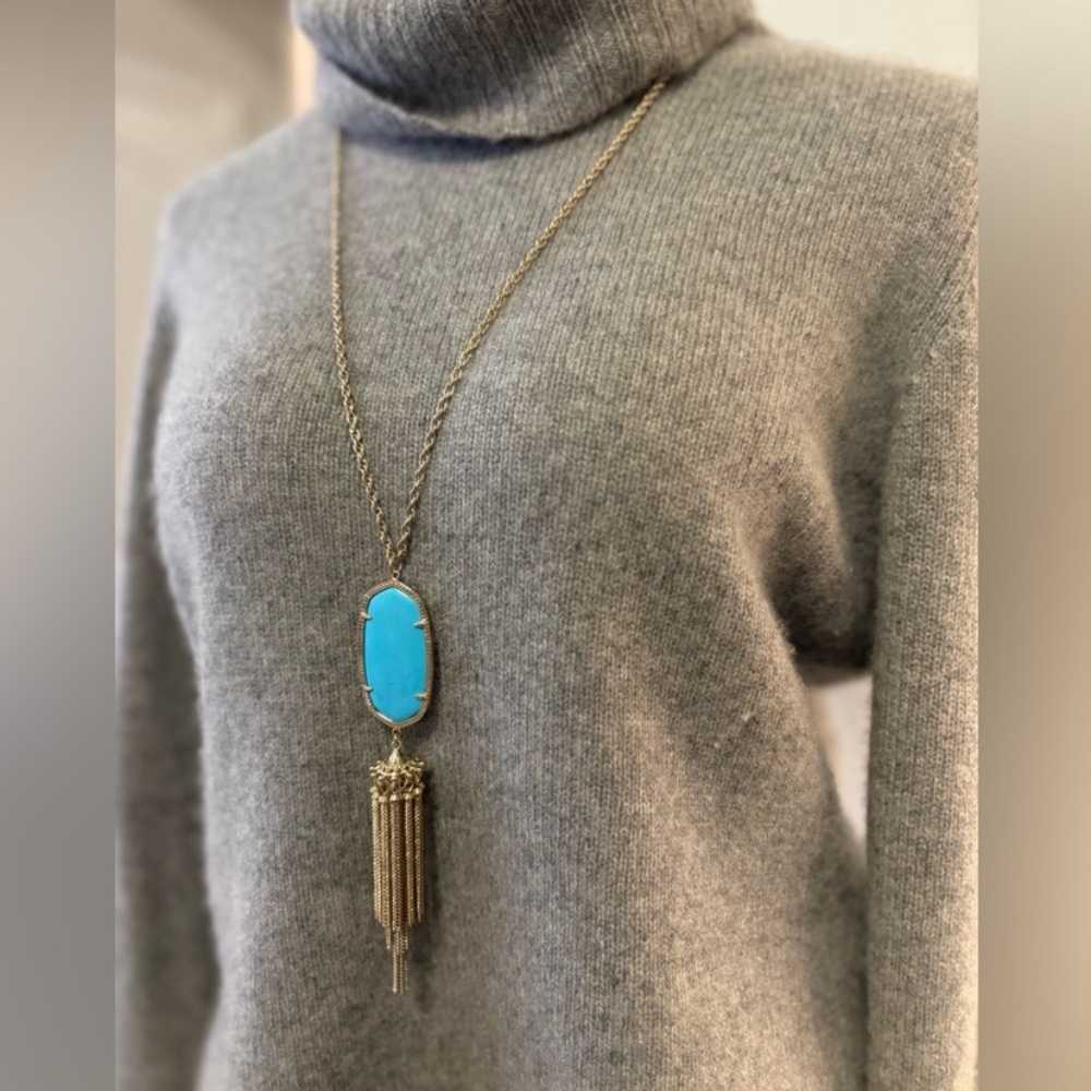 Kendra Scott Rayne Gold-Tone Turquoise Medallion Necklace with Tassle 30”